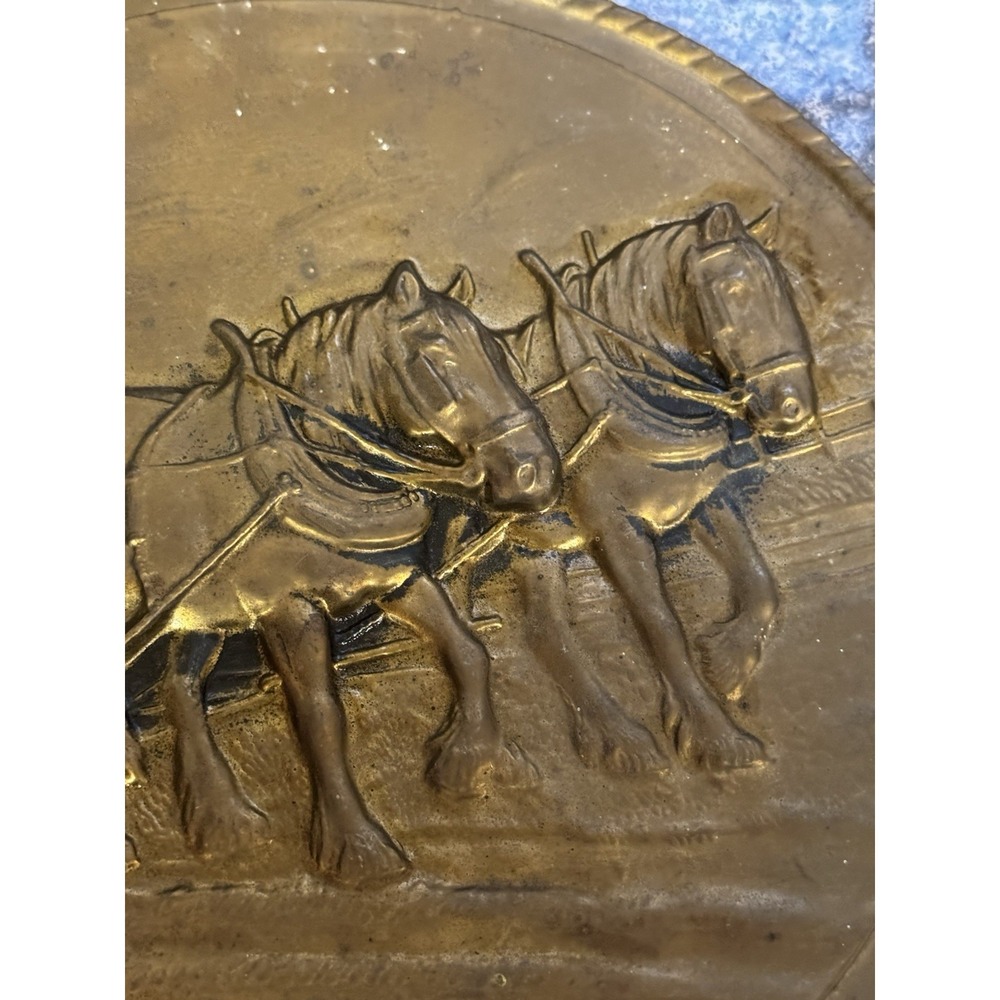 Vintage Embossed Brass Wall Plate Decorative Plate Made in England Horse & Plow - Picture 6 of 16